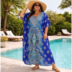 Blue Paisley Kaftan Maxi Dress Womens One Size OSFA Boho Resortwear